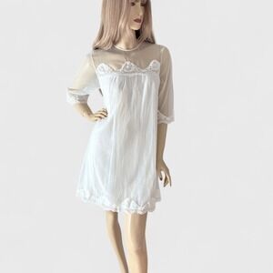 1960s Vintage White‎ Chiffon Bridal Mini Nightie Night Dress Lace Trim Size S/M